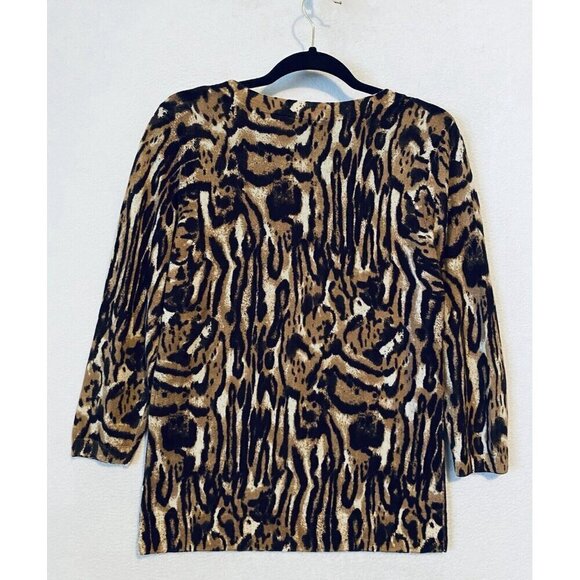 Talbots Sweater Womens Large Brown Animal Print Merino Wool Lightweight Boho - Picture 3 of 6